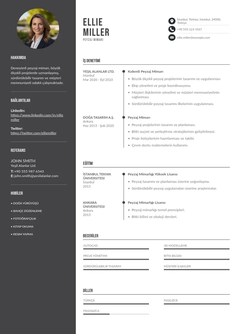 Divu kolonnu peyzaj mimarı  CV piemērs