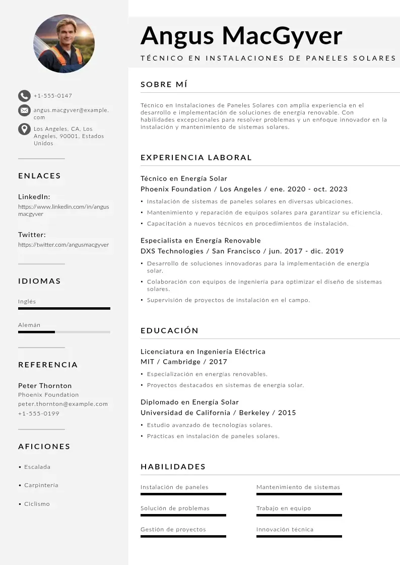 two column tecnico-en-instalaciones-de-paneles-solares resume example