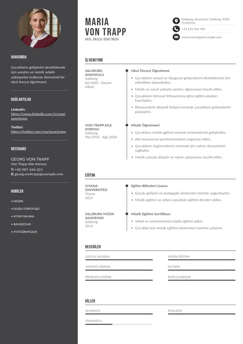 Divu kolonnu Okul öncesi öğretmeni  CV piemērs