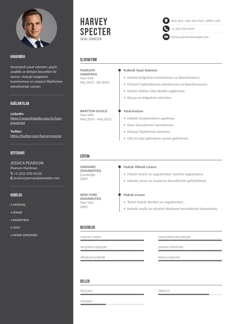 Divu kolonnu Yasal sekreter  CV piemērs