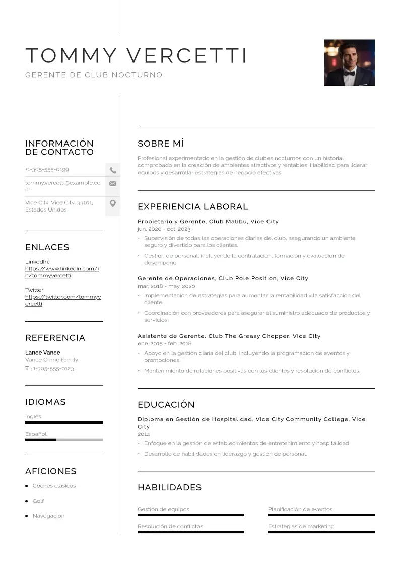 two column gerente-de-club-nocturno resume example