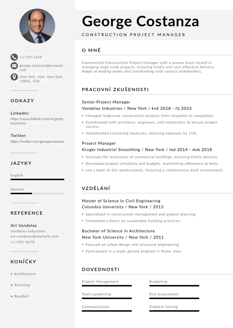 Mūsdienīga Manazera stavebniho projektu zivotopis CV veidne