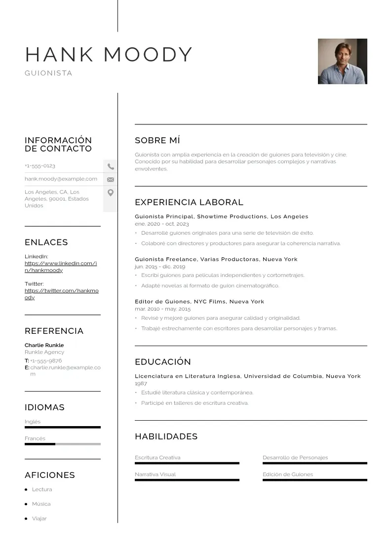 two column cv-guionista resume example