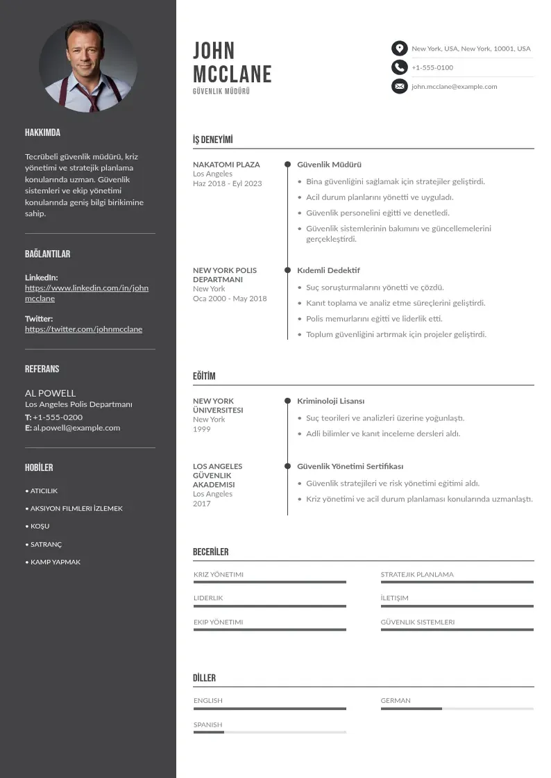Divu kolonnu Güvenlik Müdürü  CV piemērs