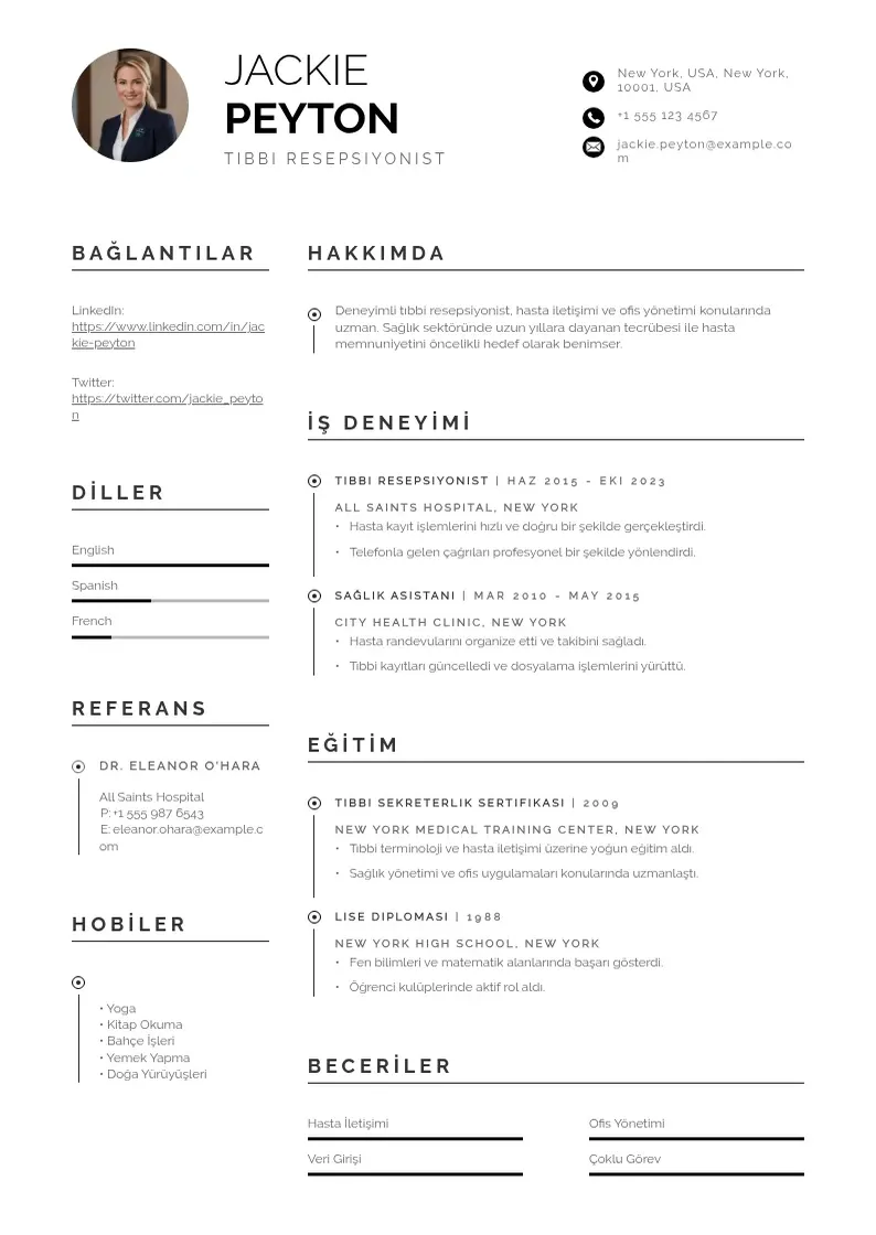 Profesionāla Tıbbi Resepsiyonist  CV veidne