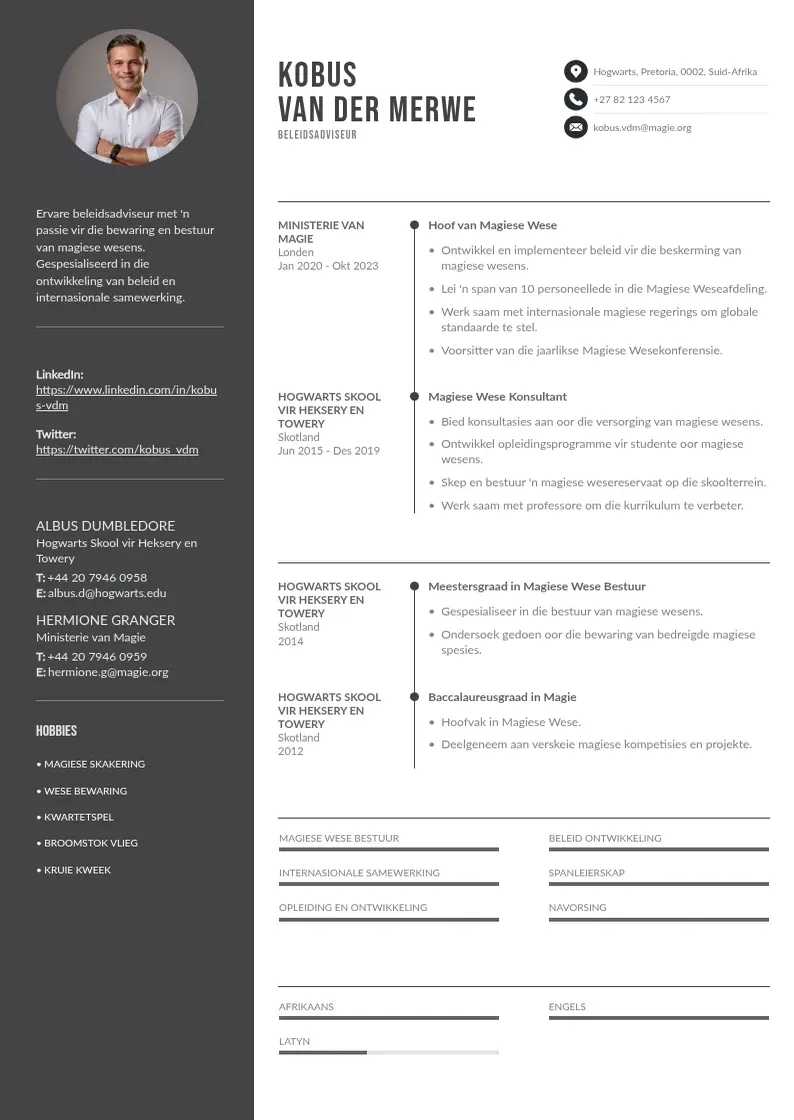 two column arikaans-language resume example