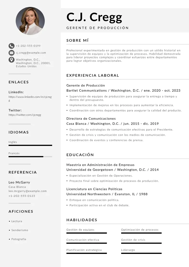 two column gerente-de-produccion resume example