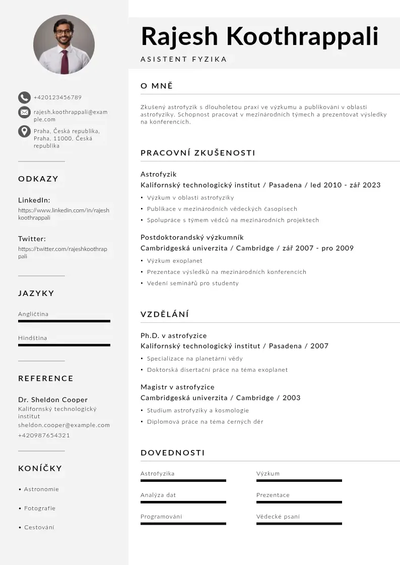Mūsdienīga Zivotopis asistenta fyzika CV veidne