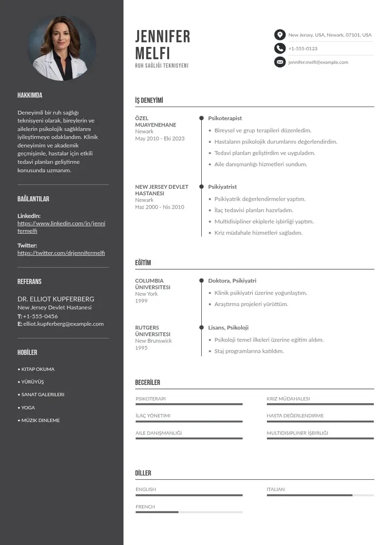 Divu kolonnu Ruh Sağlığı Teknisyeni  CV piemērs