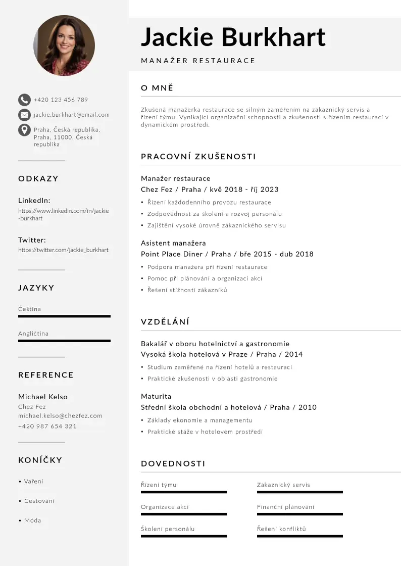 Mūsdienīga Manazer restaurace zivotopis CV veidne
