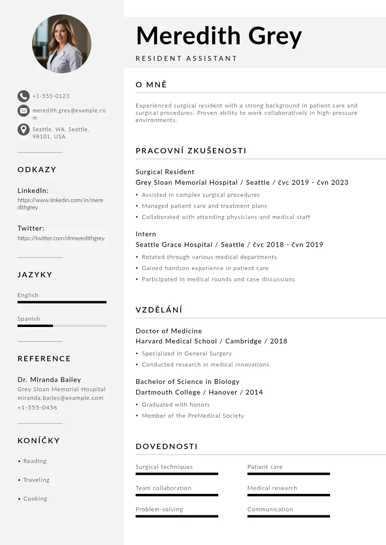 Mūsdienīga Rezidentni asistent zivotopis CV veidne