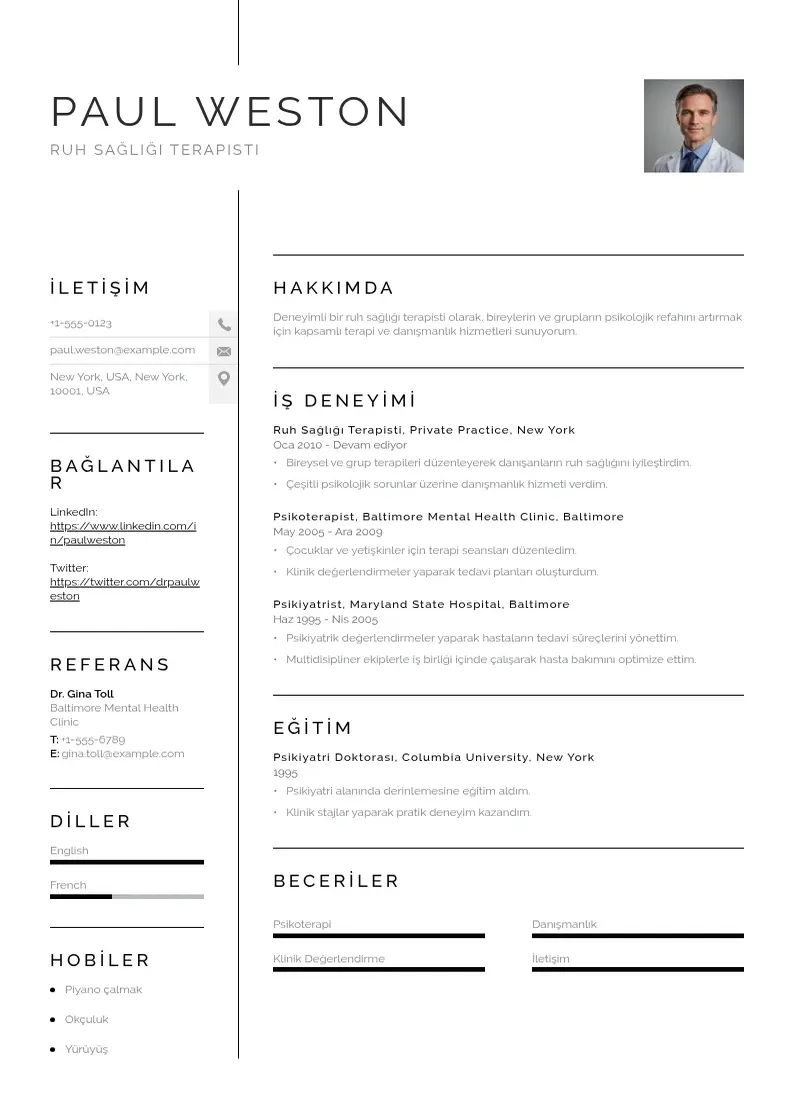 Vienkārša Ruh Sağlığı Terapisti  CV piemērs