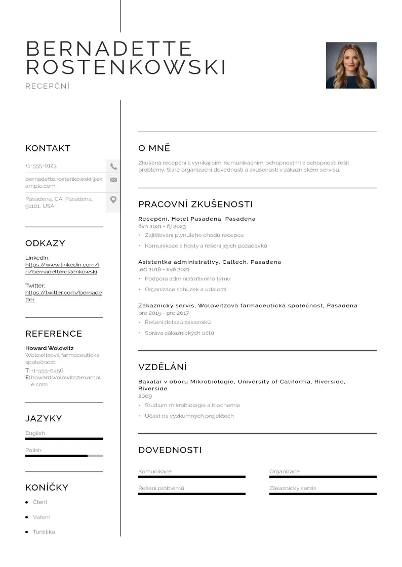 Vienkārša Recepcni na recepci zivotopis CV piemērs