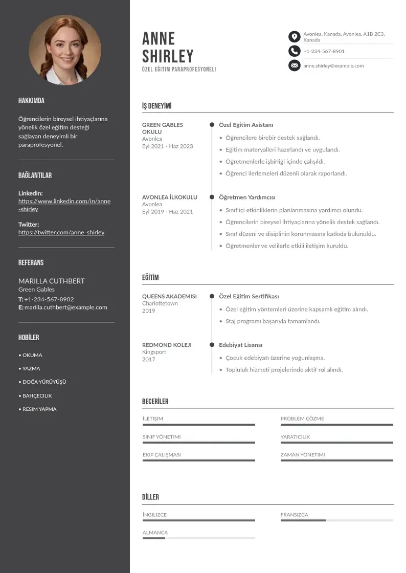 Divu kolonnu Özel Eğitim Paraprofesyonel  CV piemērs