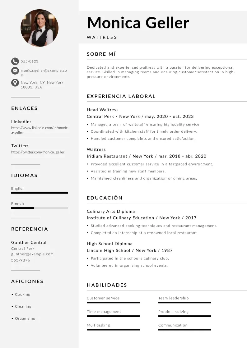 two column cv-mesero resume example