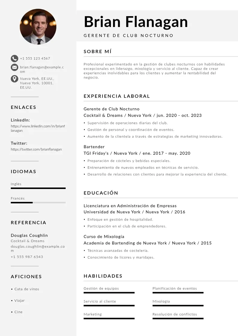 two column gerente-de-club-nocturno resume example