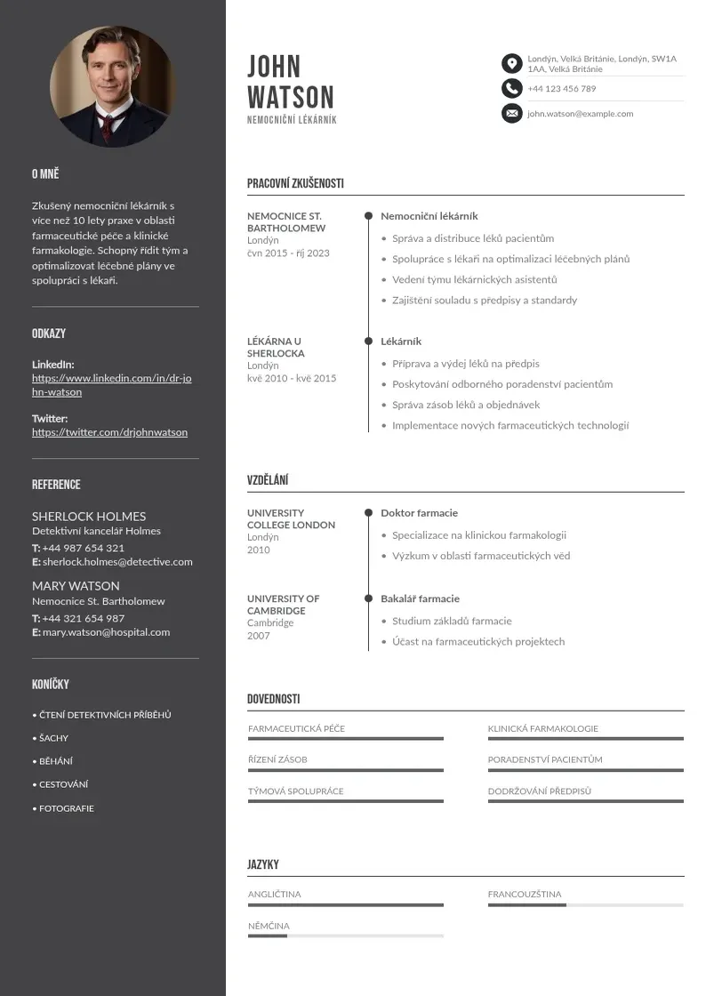 Divu kolonnu Nemocniční lékárník  CV piemērs