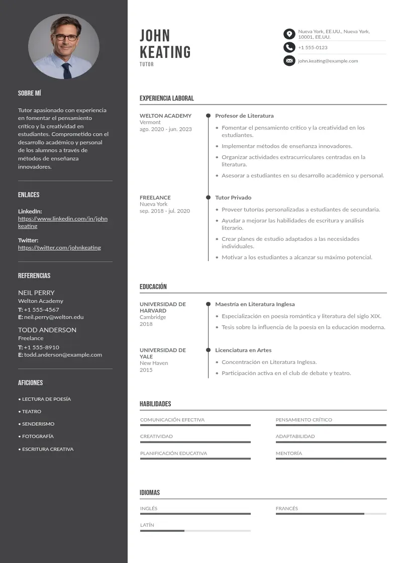 two column cv-de-tutor resume example
