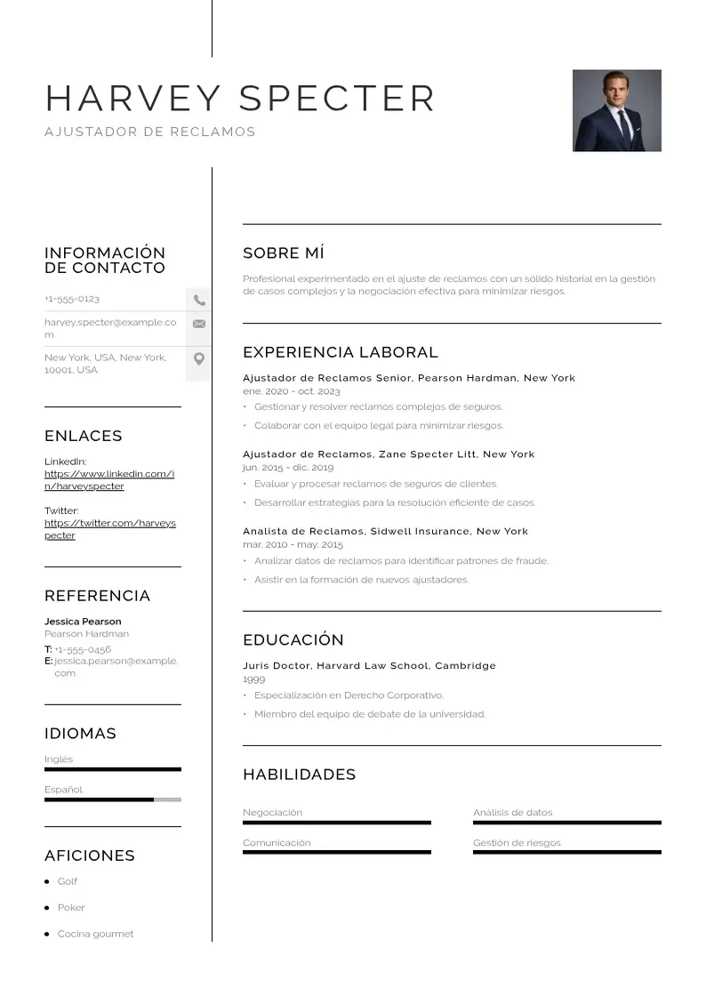 two column cv-ajustador-de-reclamos resume example