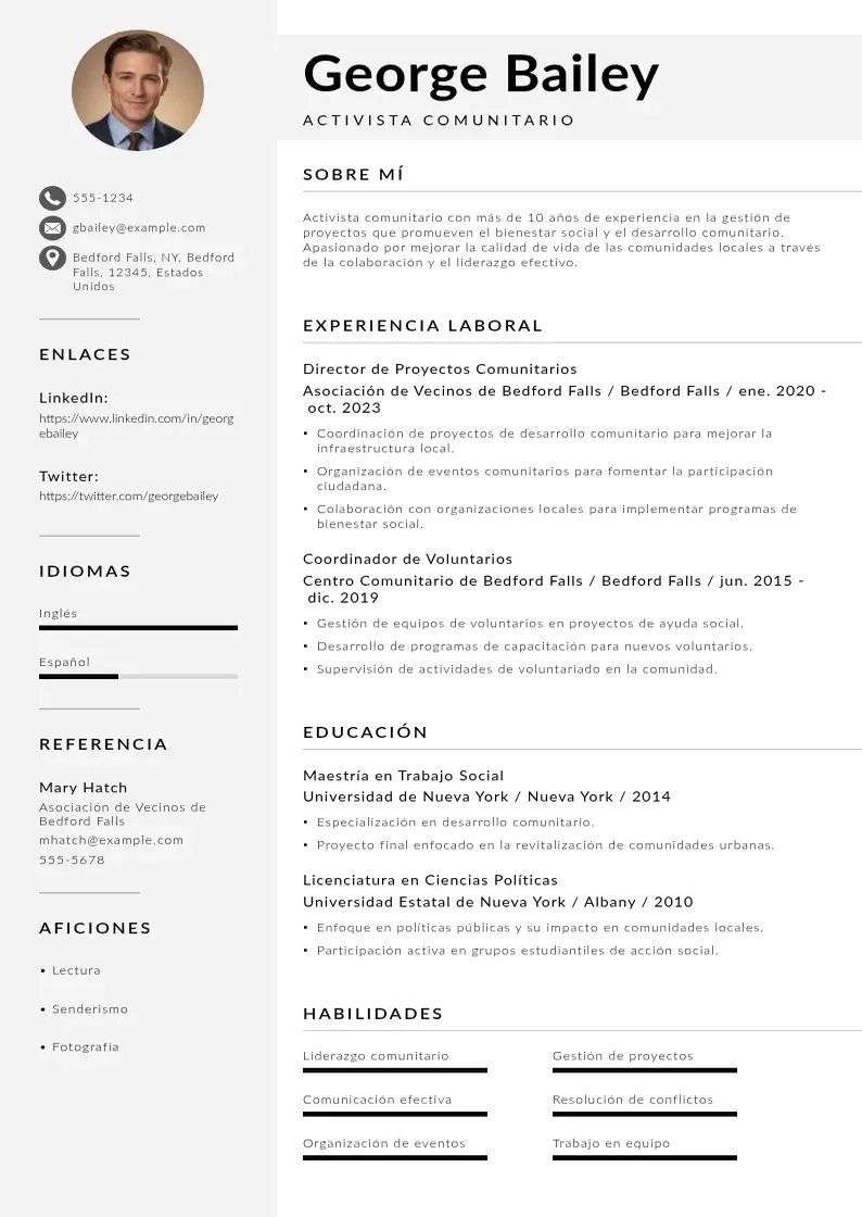 two column activista-comunitarioa resume example