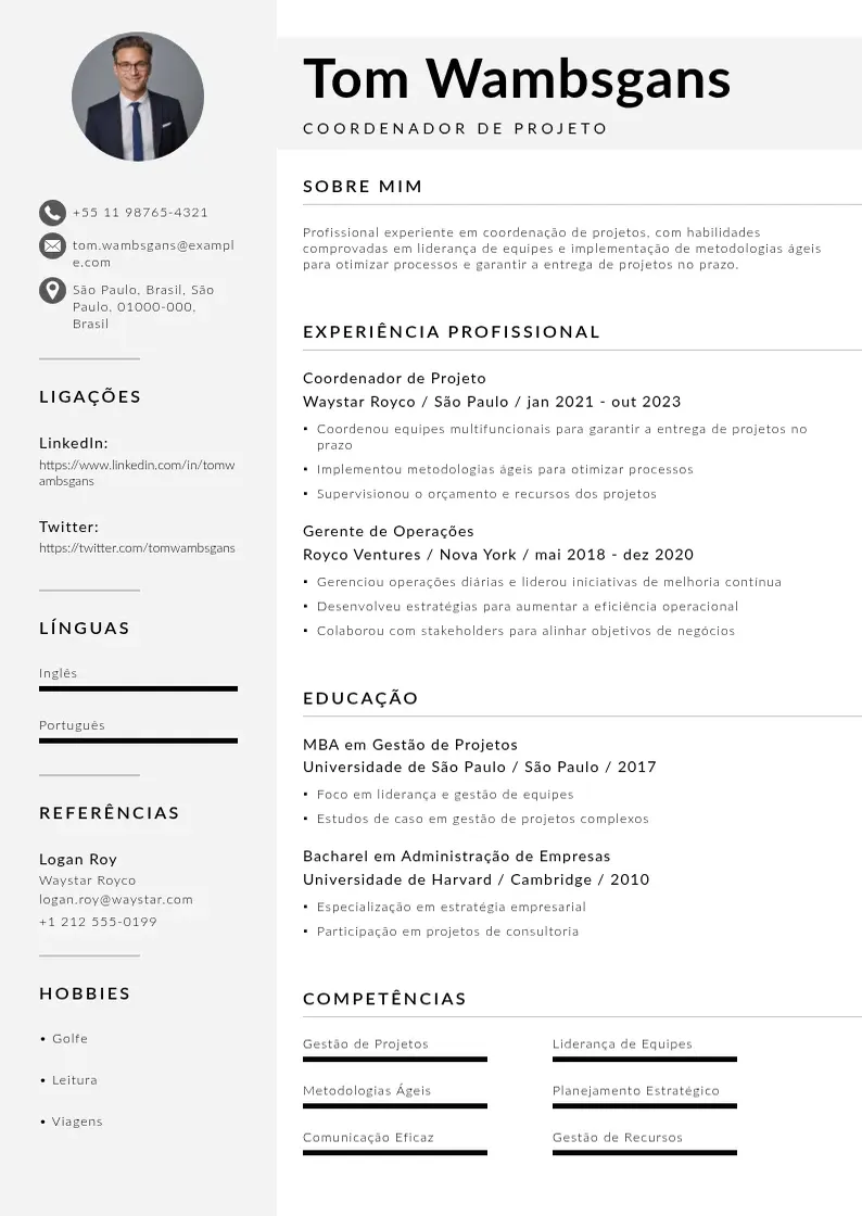 Modelo de currículo moderno de De coordenador de projeto