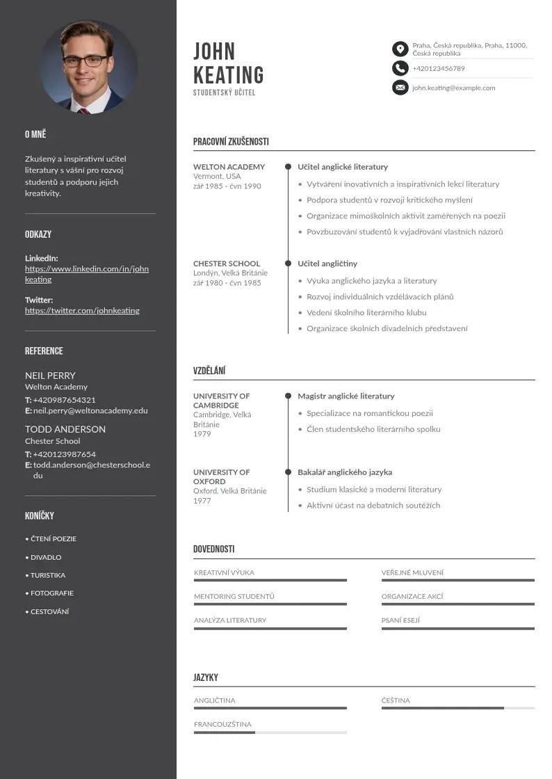 Divu kolonnu Studentsky ucitel zivotopis CV piemērs