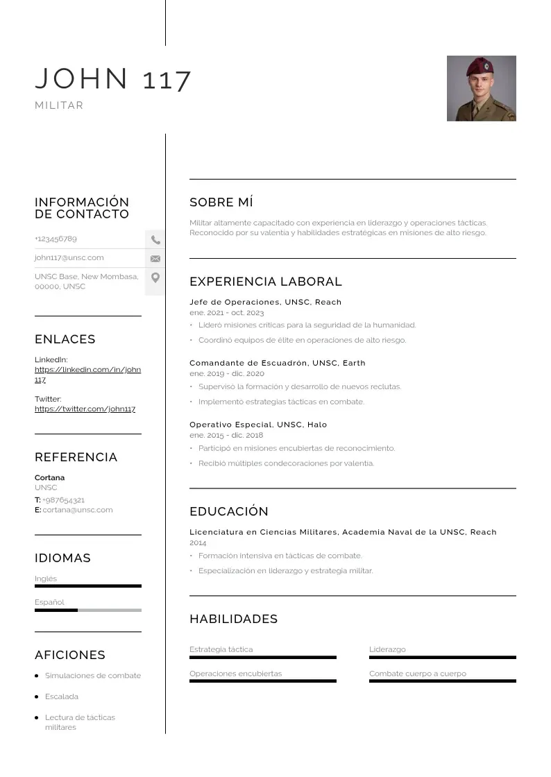 two column cv-militar resume example