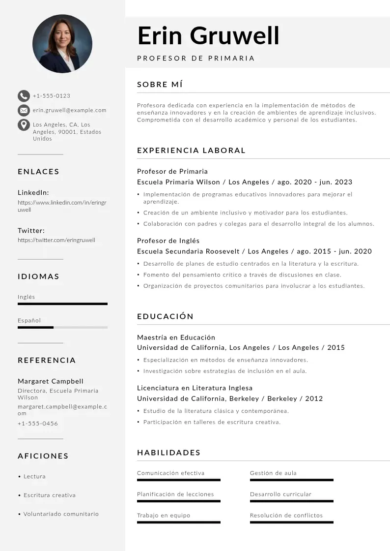 two column curriculum-de-profesor-de-primaria resume example