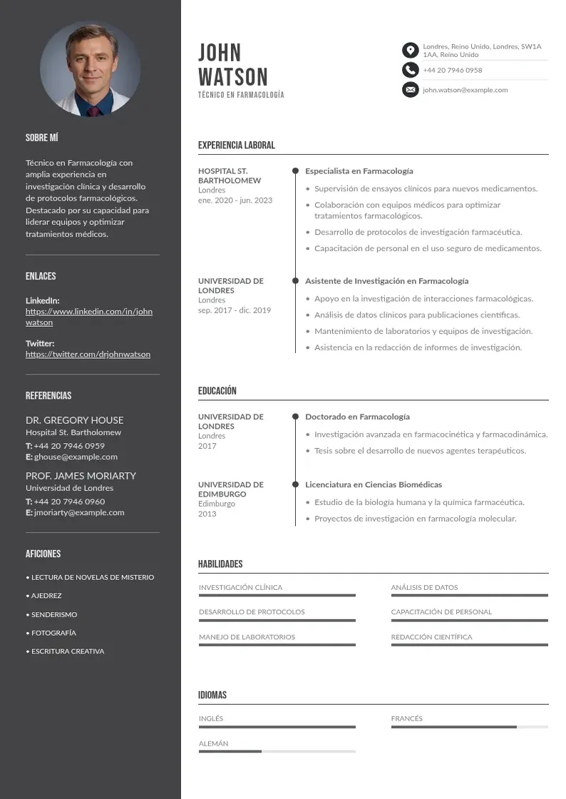 two column cv-tecnico-en-farmacologia resume example