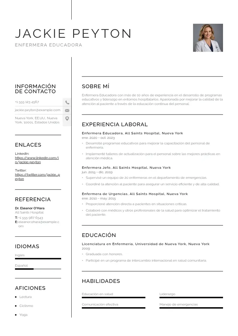 two column enfermera-educadora resume example