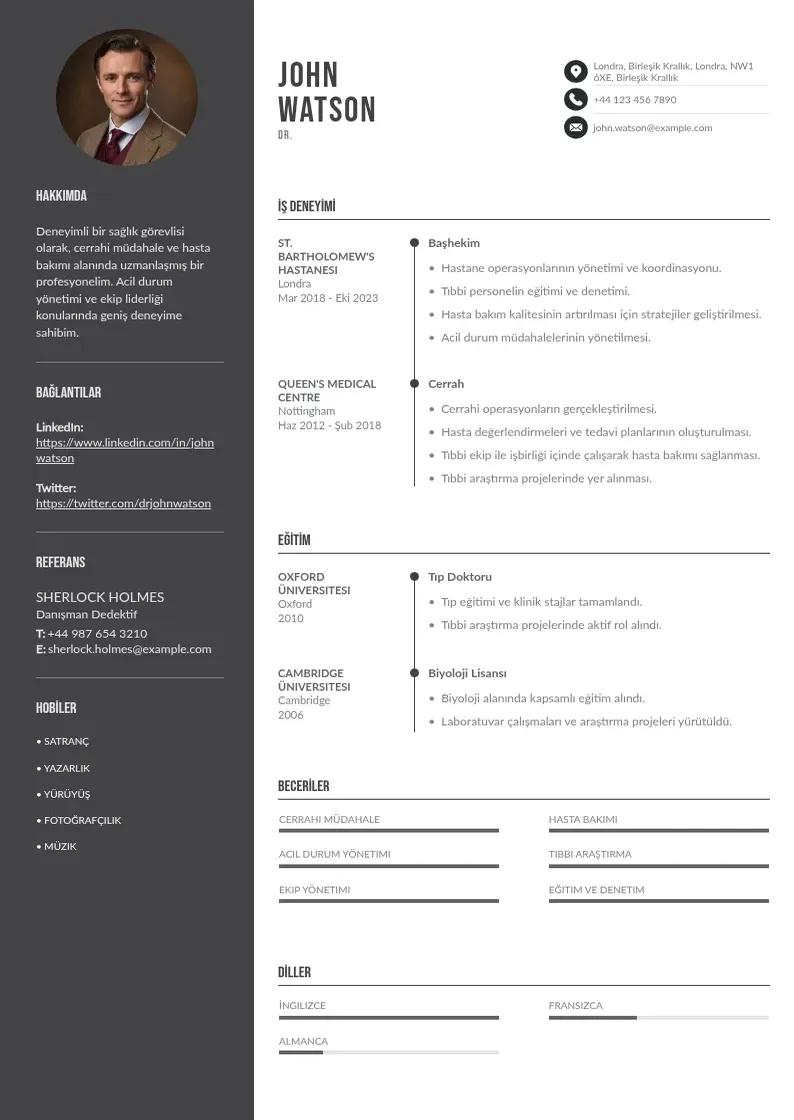 Divu kolonnu sağlık görevlisi  CV piemērs
