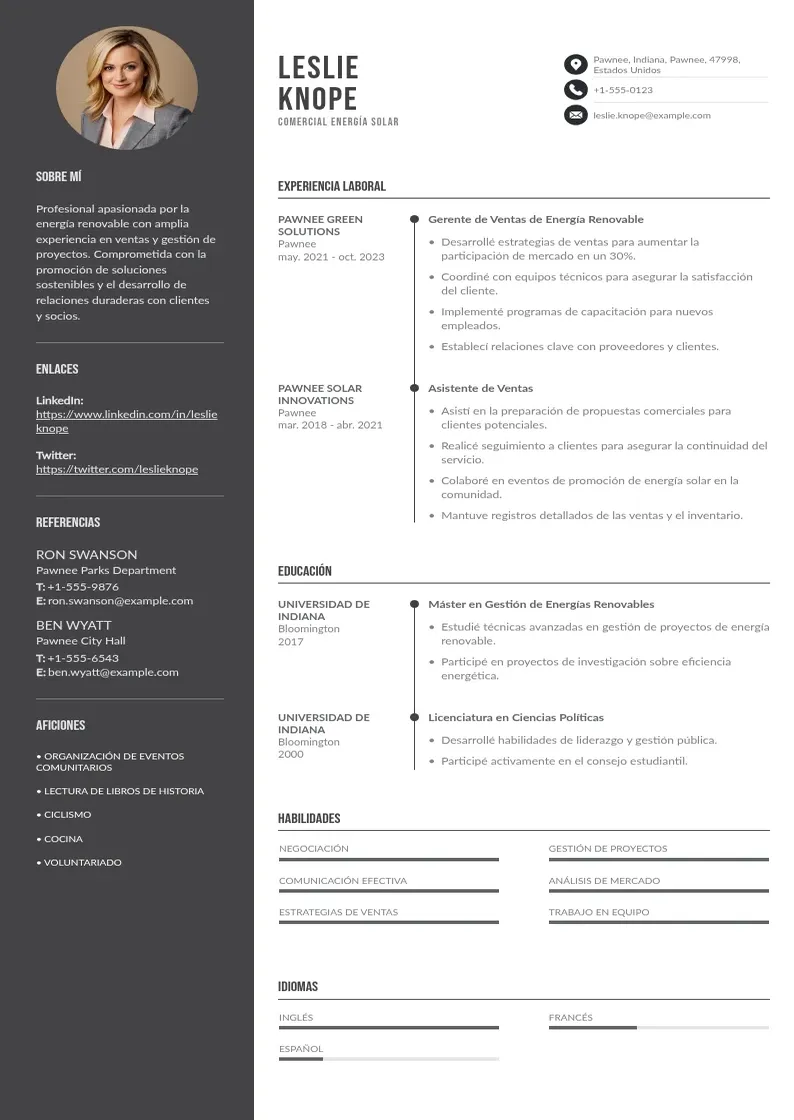 two column comercial-energia-solar resume example