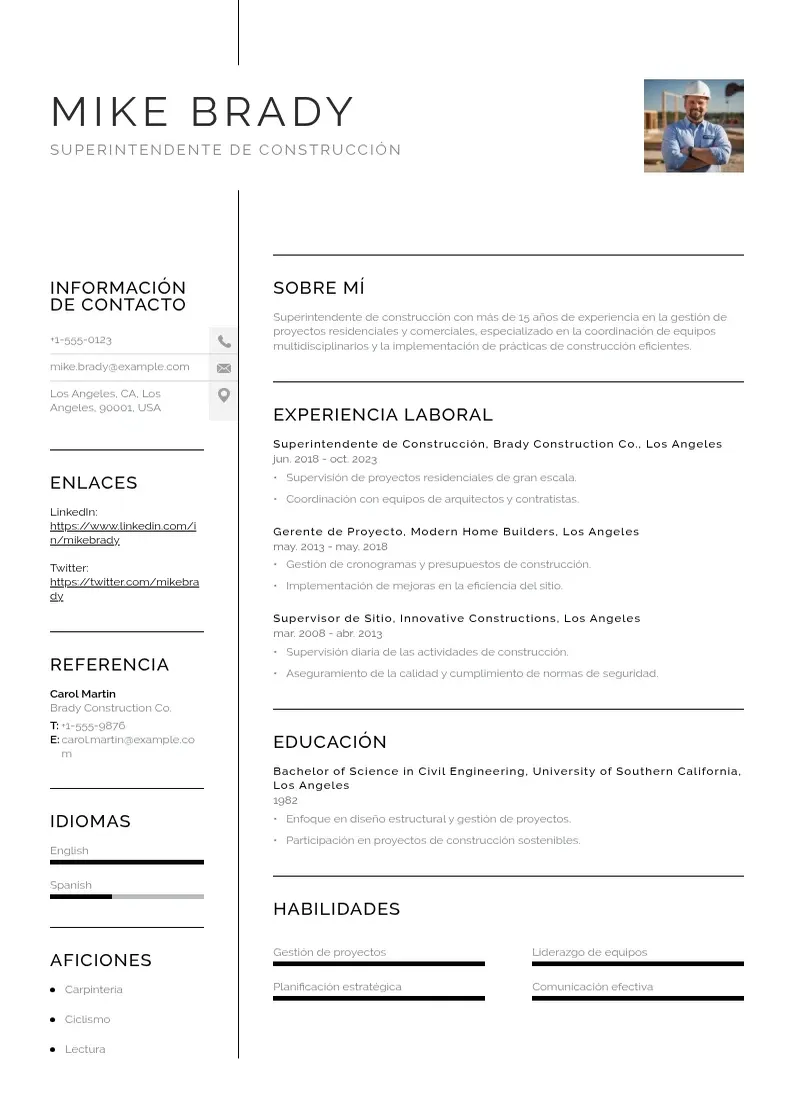 two column cv-superintendente-de-construccion resume example