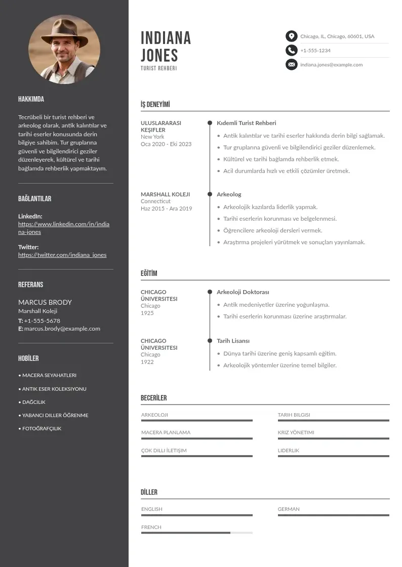 Divu kolonnu Turist rehberi  CV piemērs