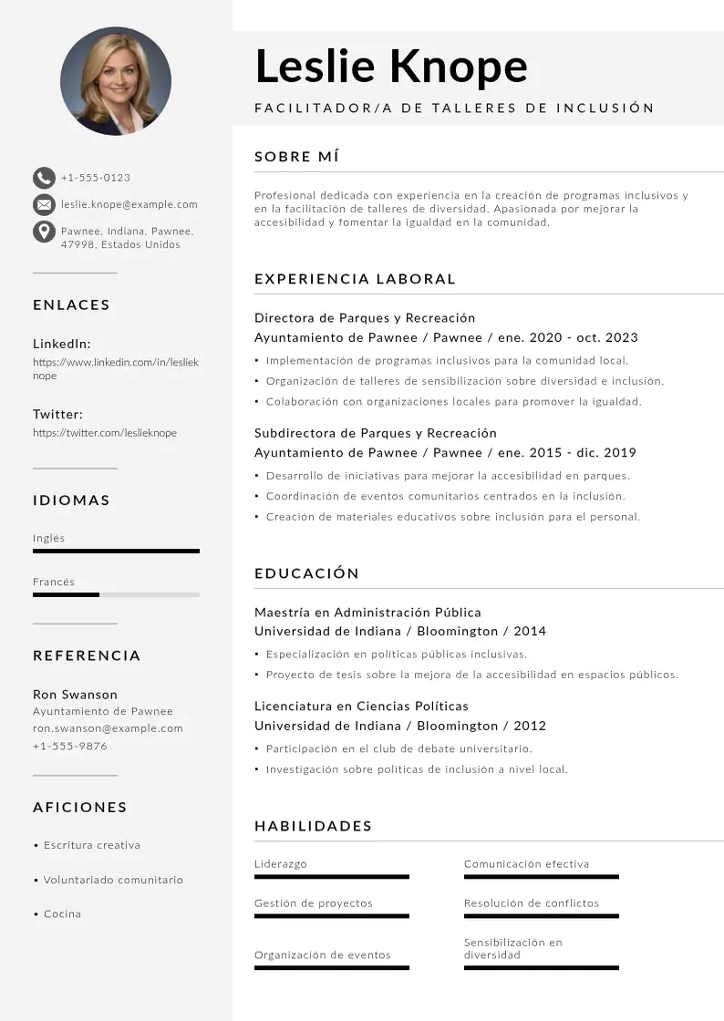 two column facilitadora-de-talleres-de-inclusion resume example
