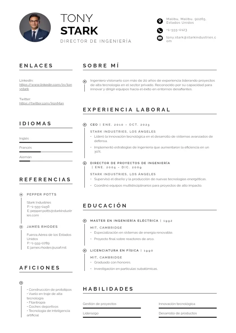 two column cv-director-de-ingenieria resume example