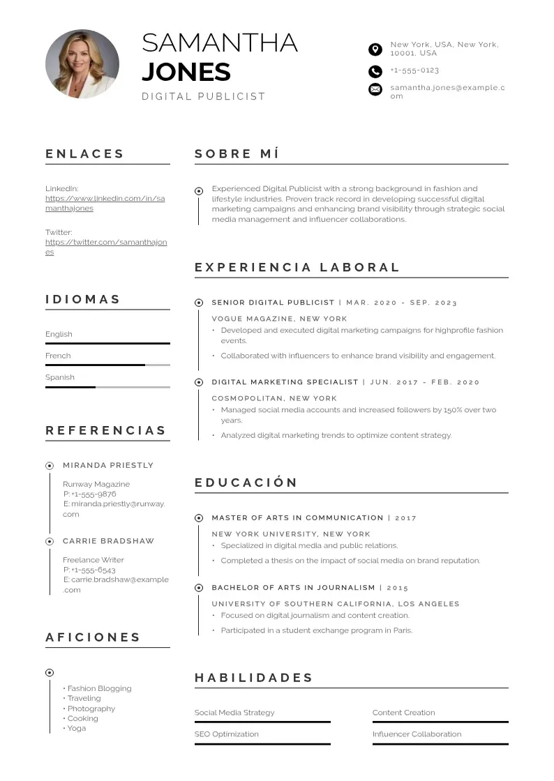 two column publicista-digital resume example