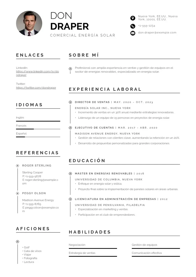 two column comercial-energia-solar resume example