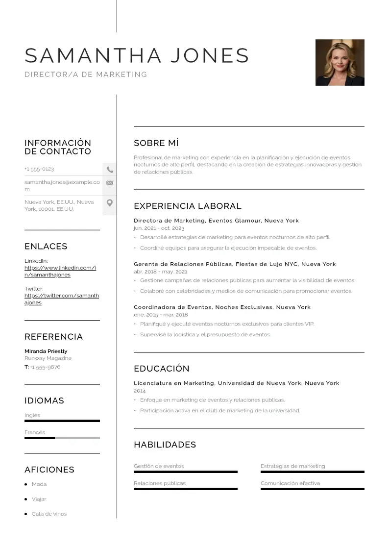 two column directora-de-marketing-para-eventos-nocturnos resume example