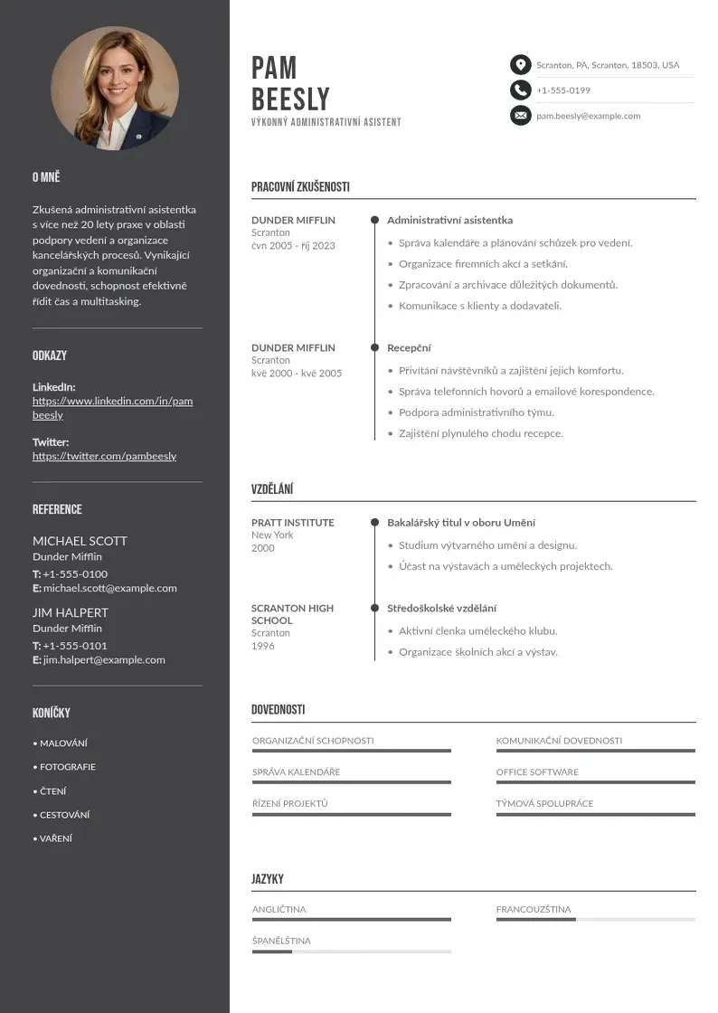 Divu kolonnu Výkonný administrativní asistent  CV piemērs
