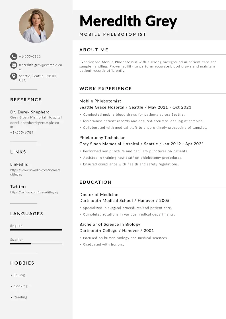 modern Mobile phlebotomist resume resume template