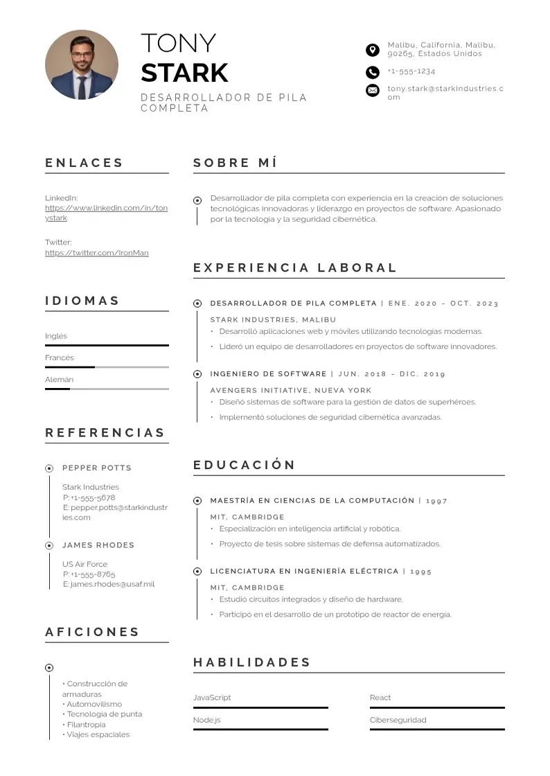 two column cv-desarrollador-de-pila-completa resume example