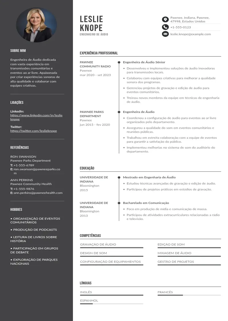 Exemplo de currículo de De engenheiro de audio em duas colunas