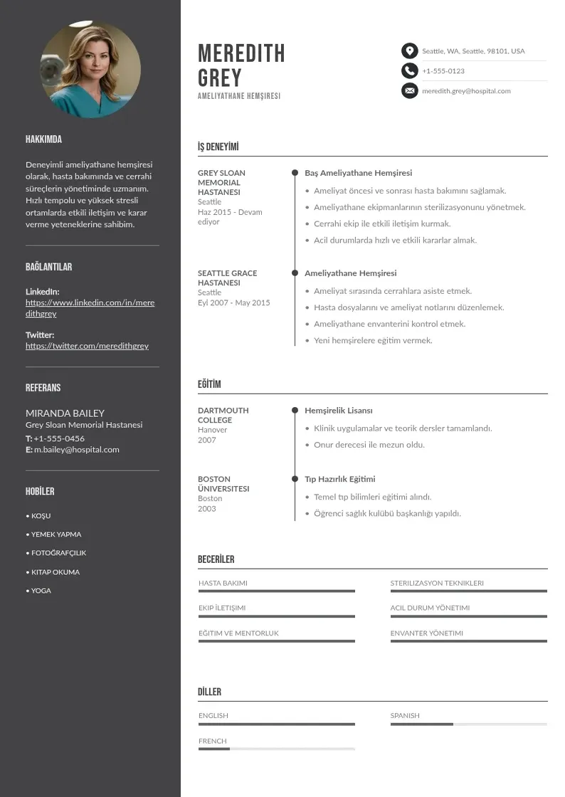 Divu kolonnu Ameliyathane Hemşiresi  CV piemērs
