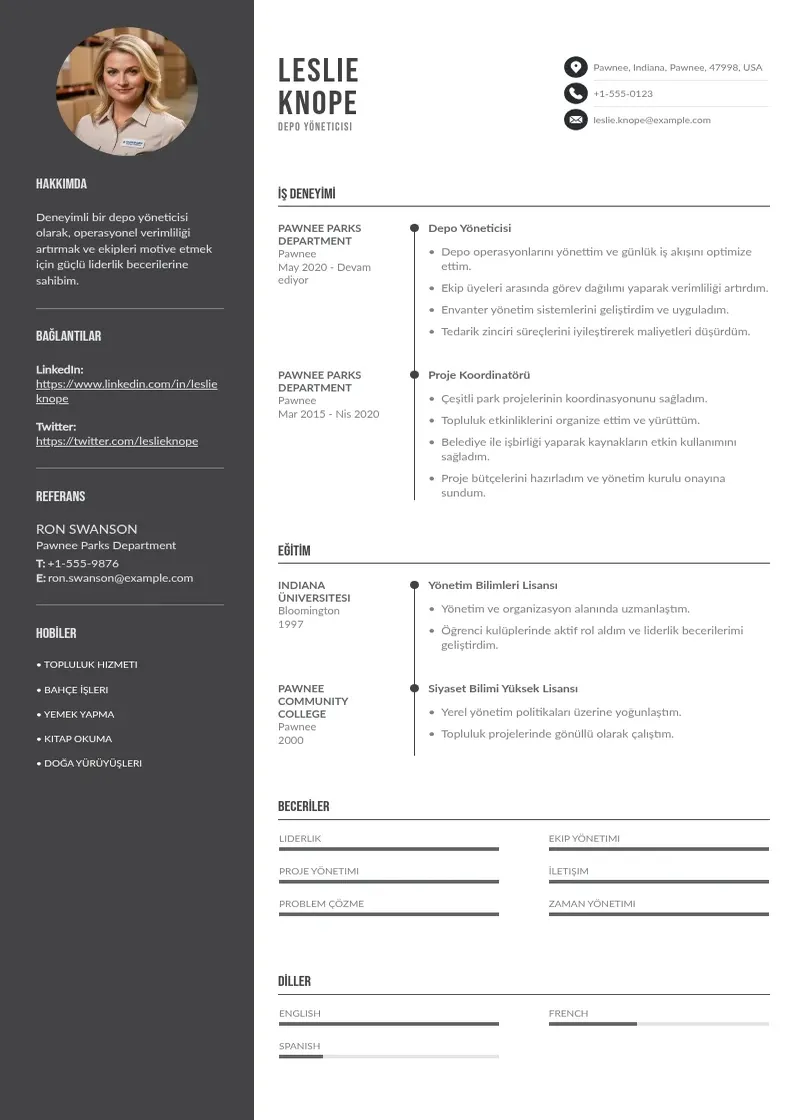 Divu kolonnu Depo yöneticisi  CV piemērs