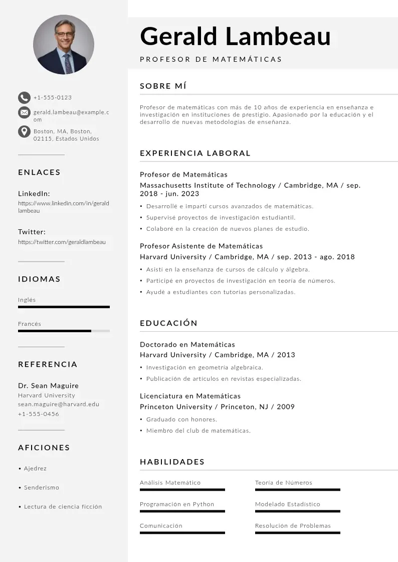 two column cv-profesor-de-matematicas resume example