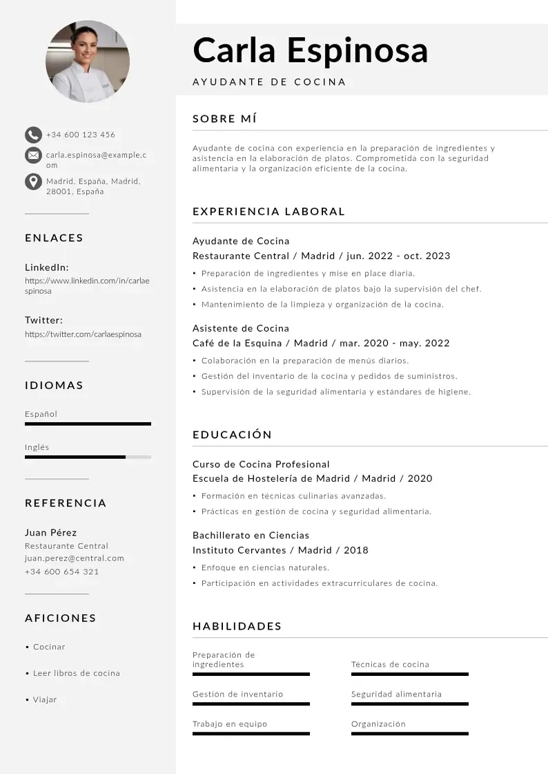 two column curriculum-de-ayudante-de-cocina resume example
