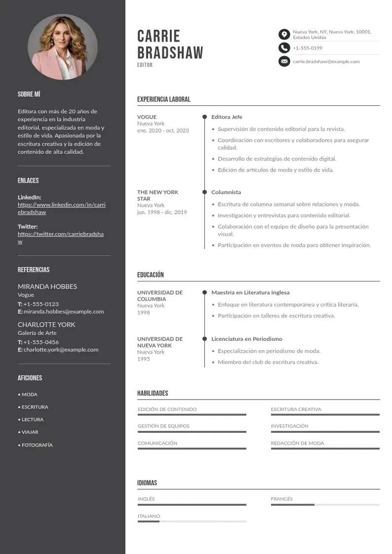 two column cv-editor resume example