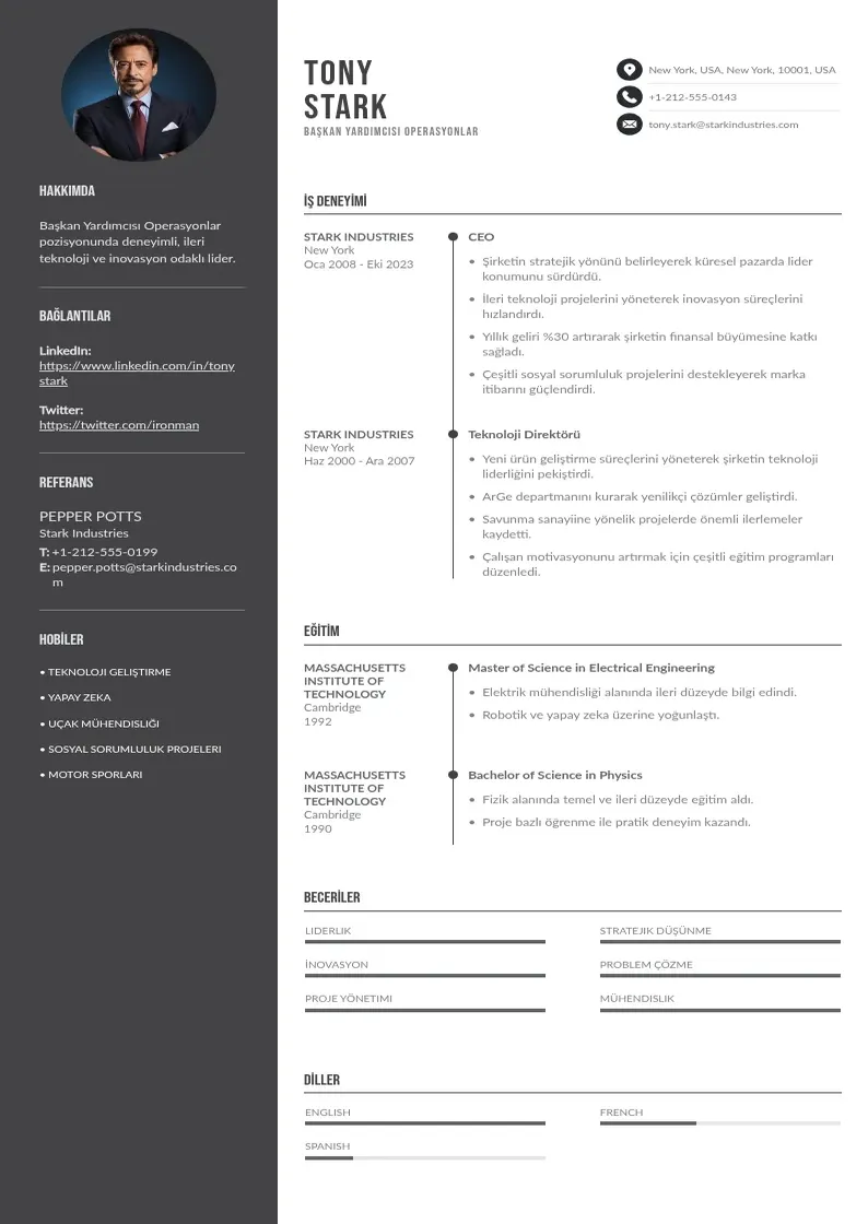 Divu kolonnu Başkan Yardımcısı Operasyonlar  CV piemērs