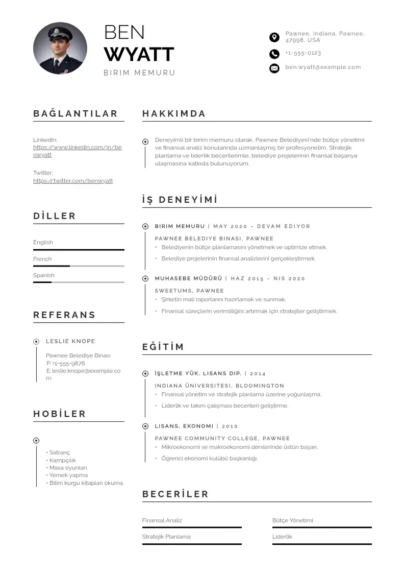 Profesionāla Birim Memuru  CV veidne